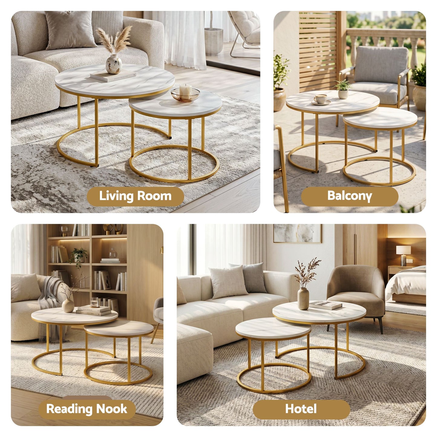 Marble Effect Nesting Coffee Tables Round White Gold | HomeA - 8