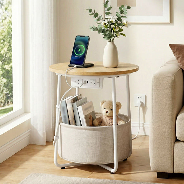  Round Side Table Charging Station Storage Basket | Home & Living
