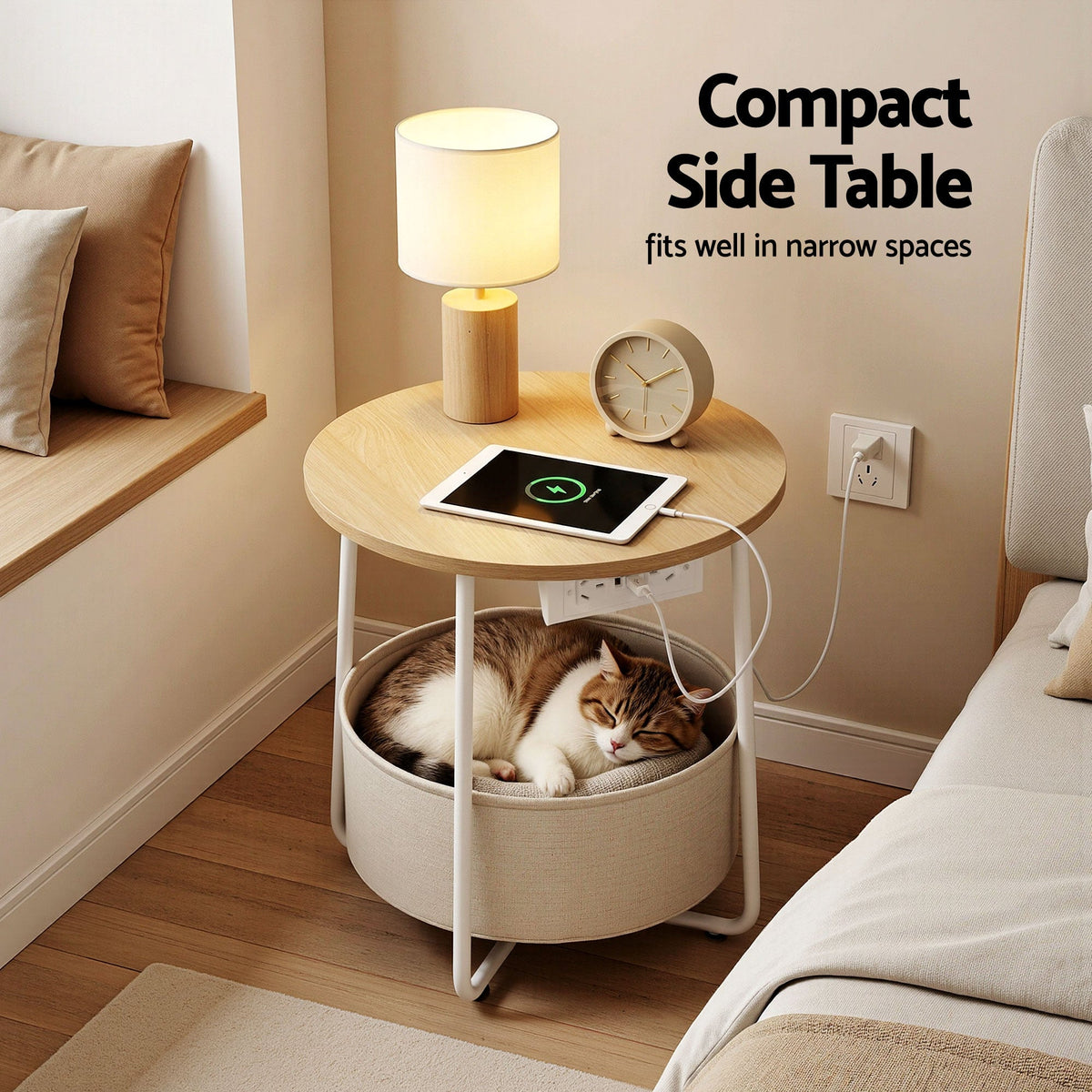 Round Side Table Charging Station Storage Basket | Home & Living - 4