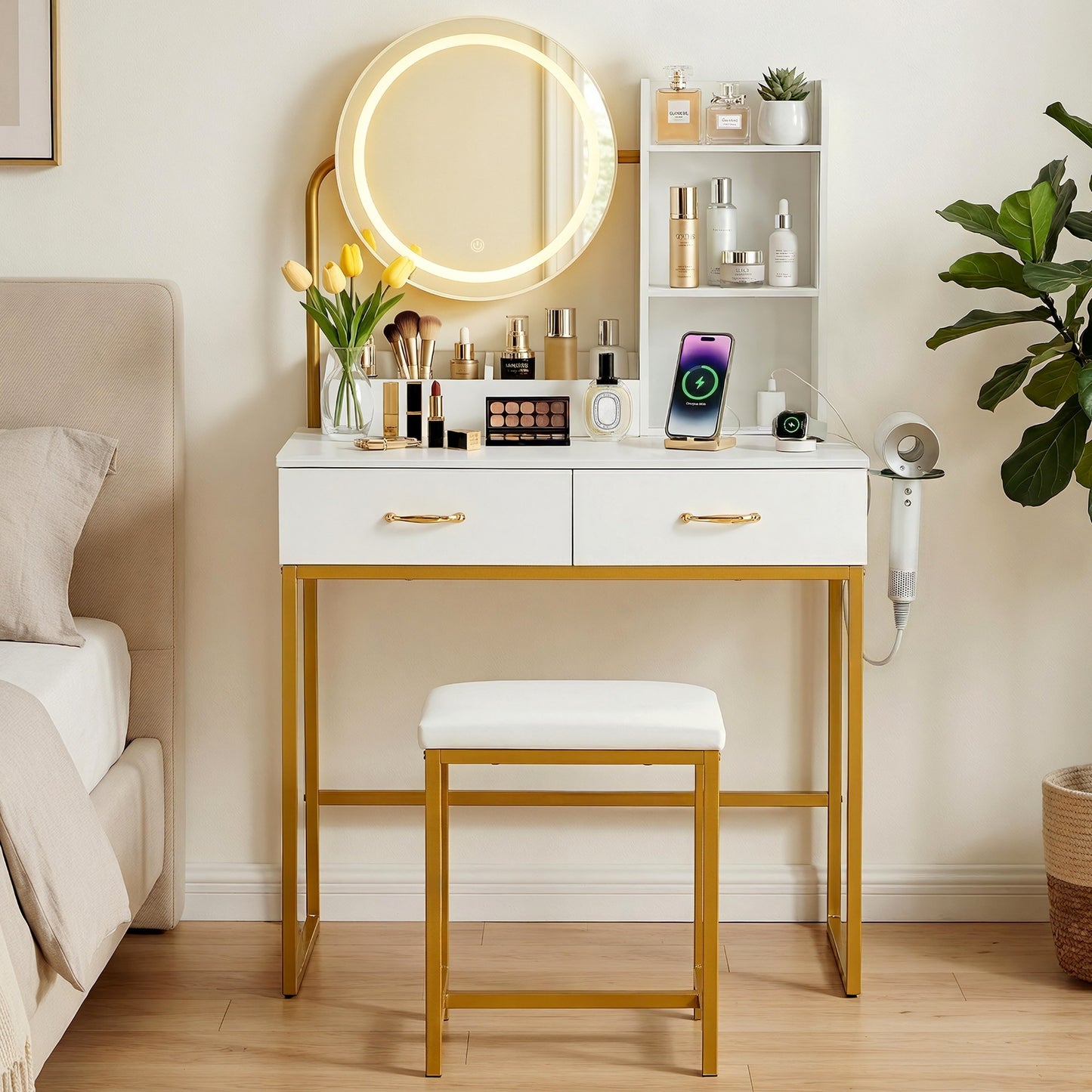 Vanity Dressing Table Set LED Mirror Stool White | HomeAndLiving