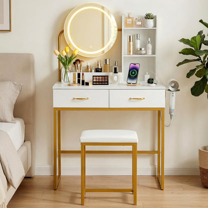 Vanity Dressing Table Set LED Mirror Stool White | HomeAndLiving