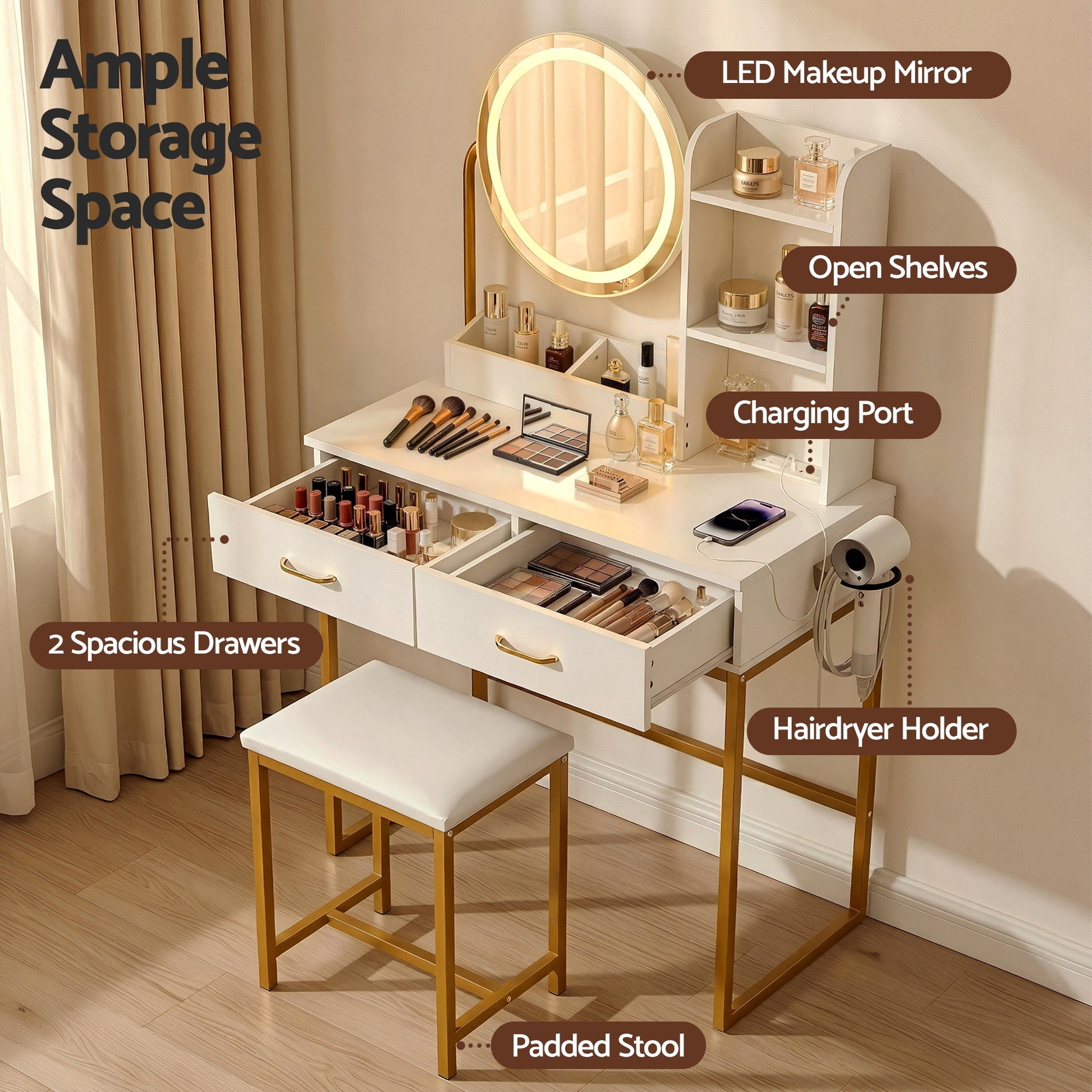 Vanity Dressing Table Set LED Mirror Stool White | HomeAndLiving