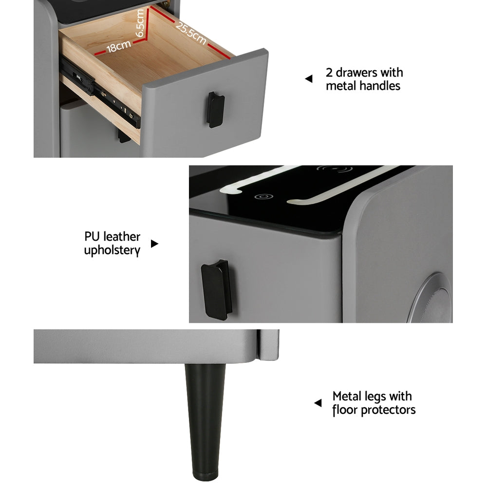 Smart Bedside Table 2 Drawers with Wireless Charging Ports LED Grey AIDA