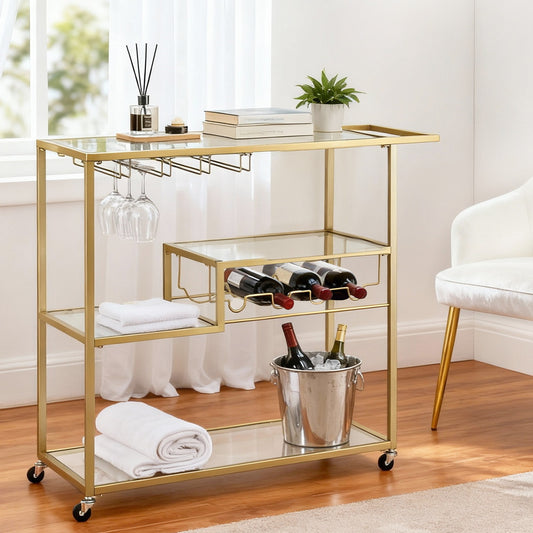 Bar Cart Drink Trolley Serving Cocktail Wine Rack Glass Holder 102Cm