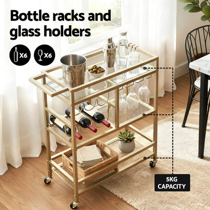 Bar Cart Drinks Trolley Serving Wine Rack Glass Holder 3 Hooks 72Cm