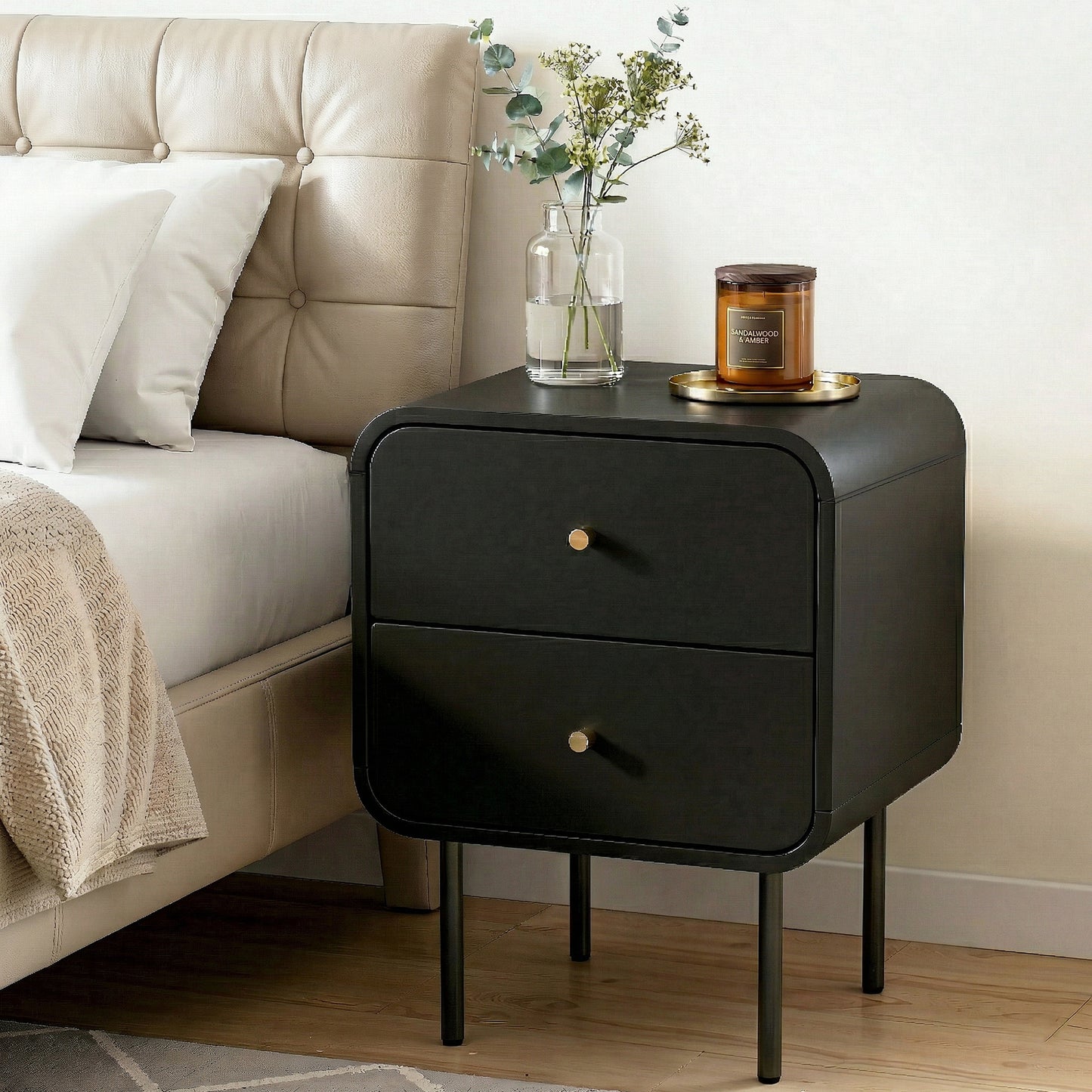 Bedside Table 2 Drawers Black Nightstand | HomeAndLiving