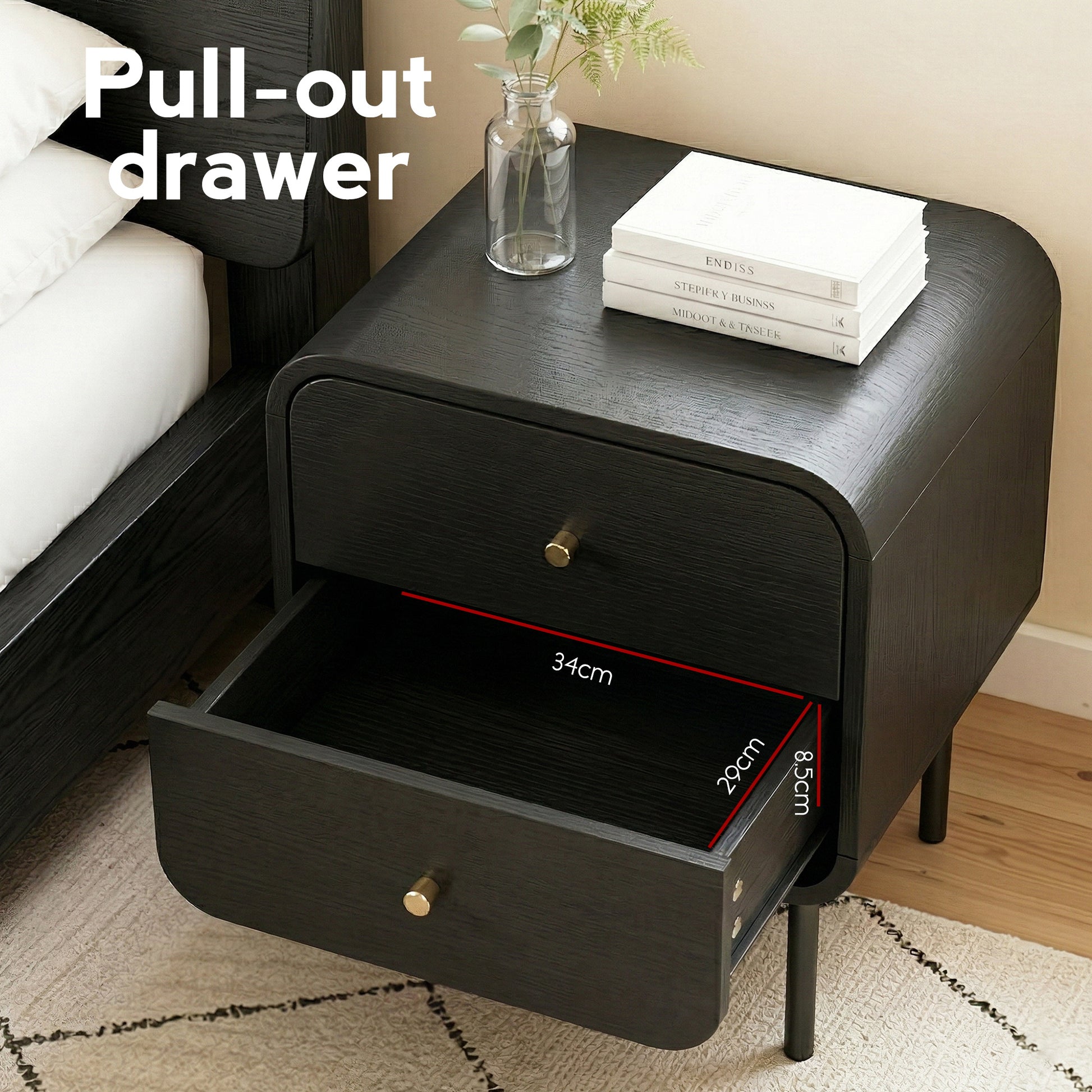 Bedside Table 2 Drawers Black Nightstand | HomeAndLiving