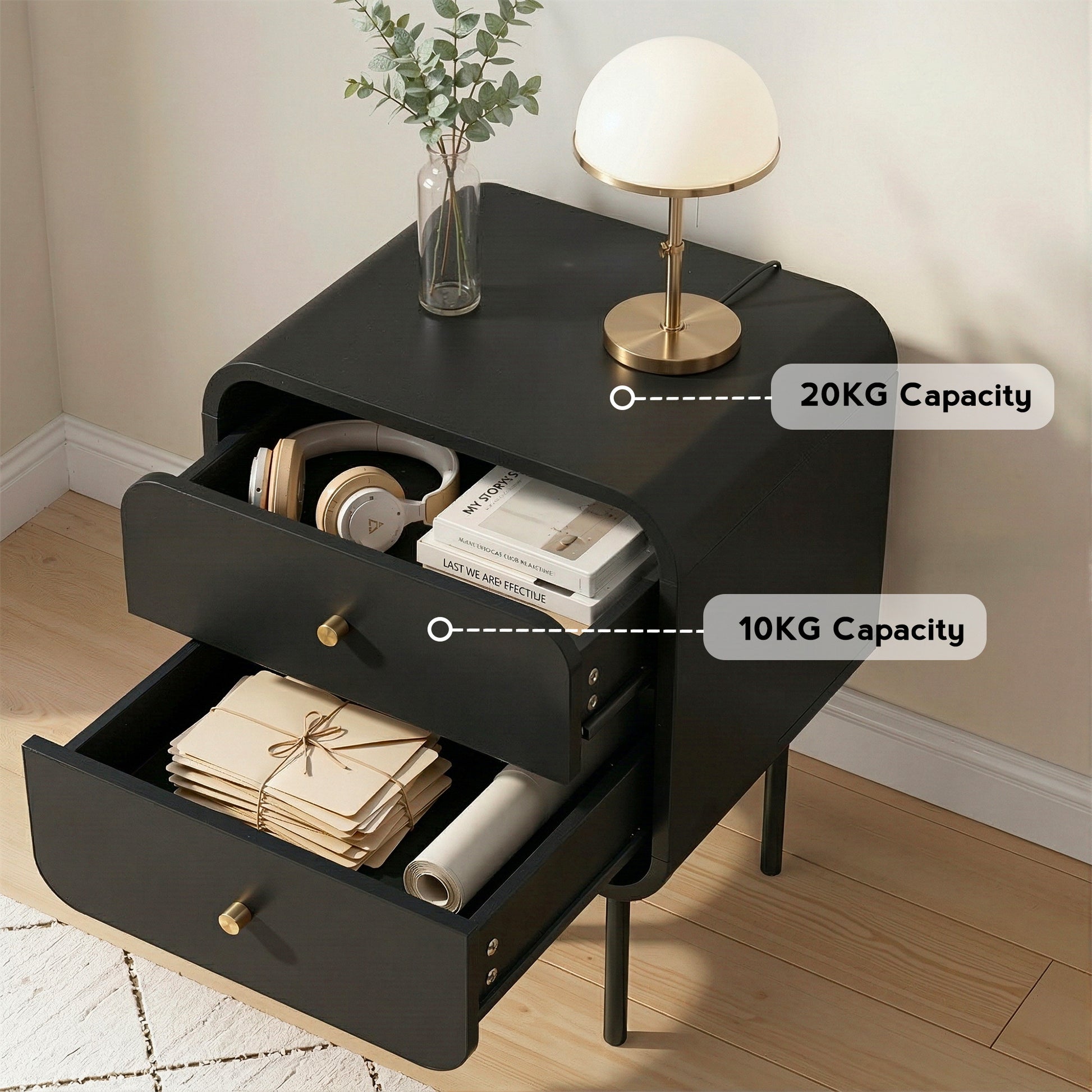 Bedside Table 2 Drawers Black Nightstand | HomeAndLiving