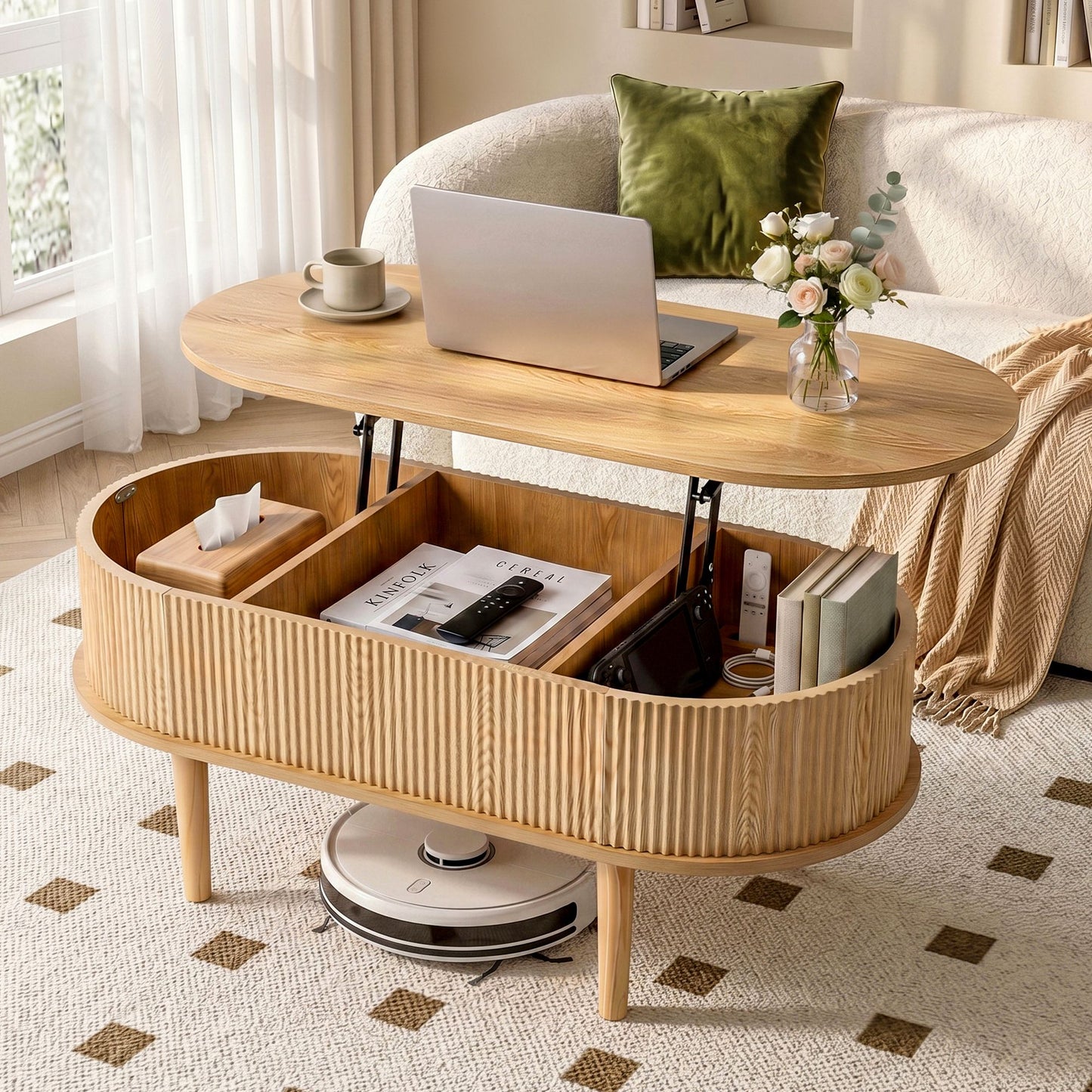 Lift Top Coffee Table Oval Fluted 100cm | HomeAndLiving