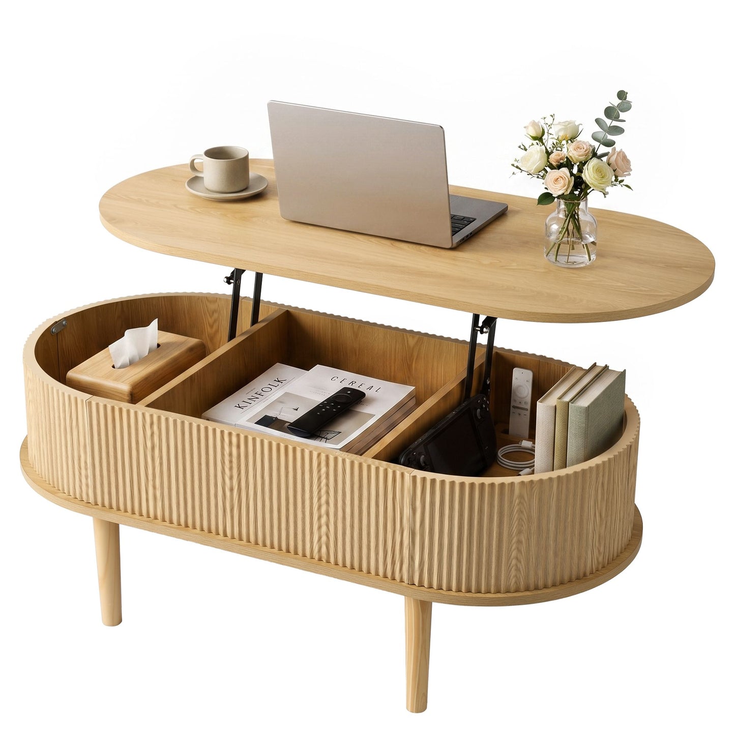 Lift Top Coffee Table Oval Fluted 100cm | HomeAndLiving - 2