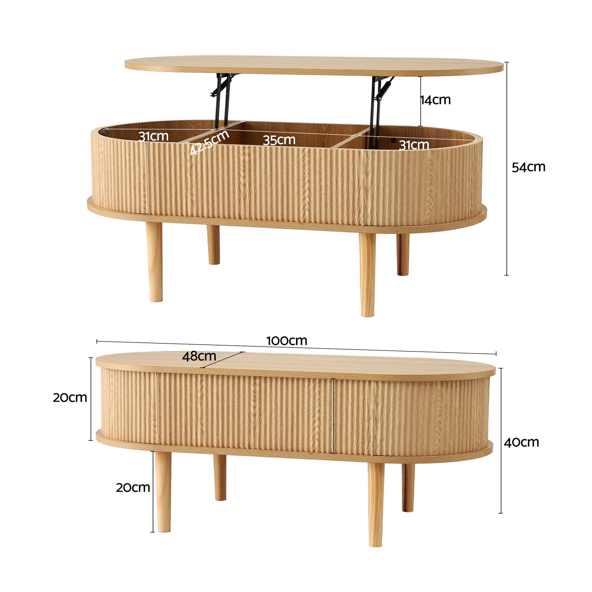 Lift Top Coffee Table Oval Fluted 100cm | HomeAndLiving - 3