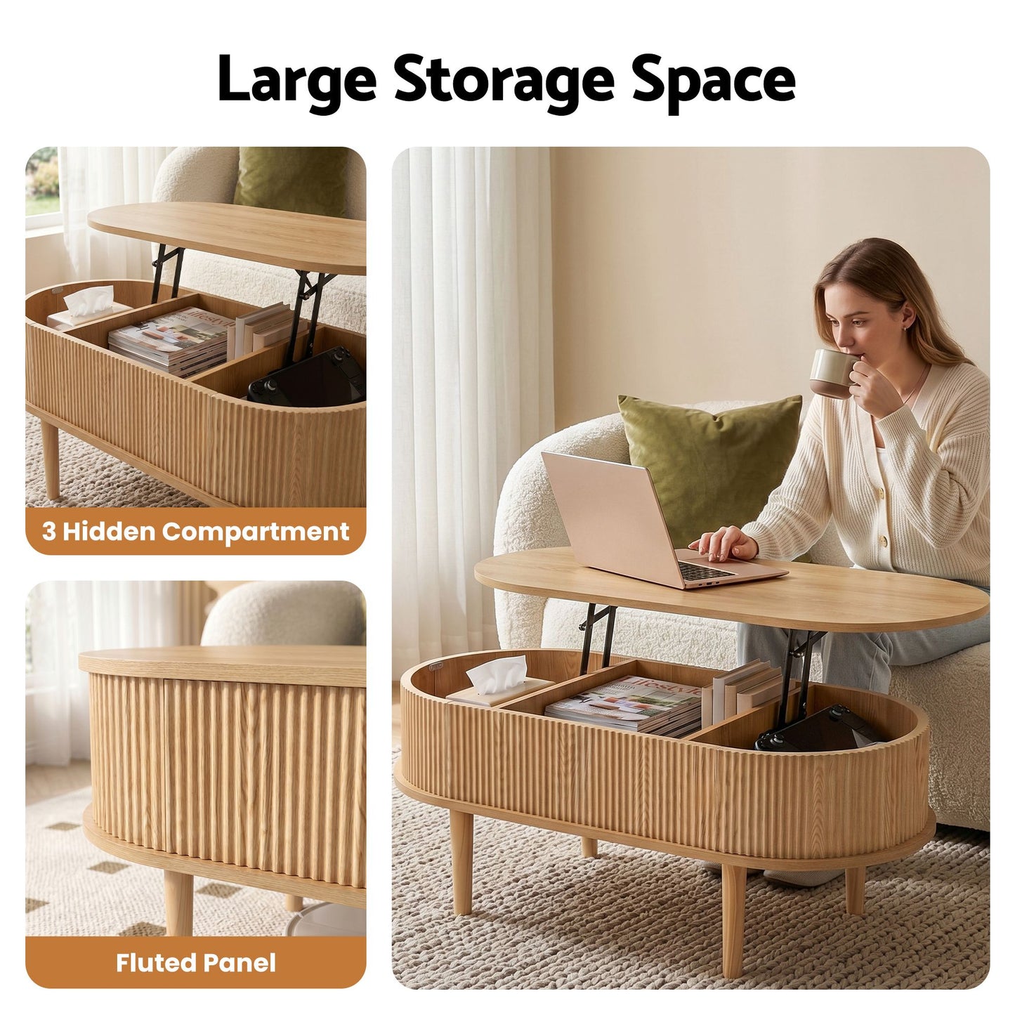 Lift Top Coffee Table Oval Fluted 100cm | HomeAndLiving - 5