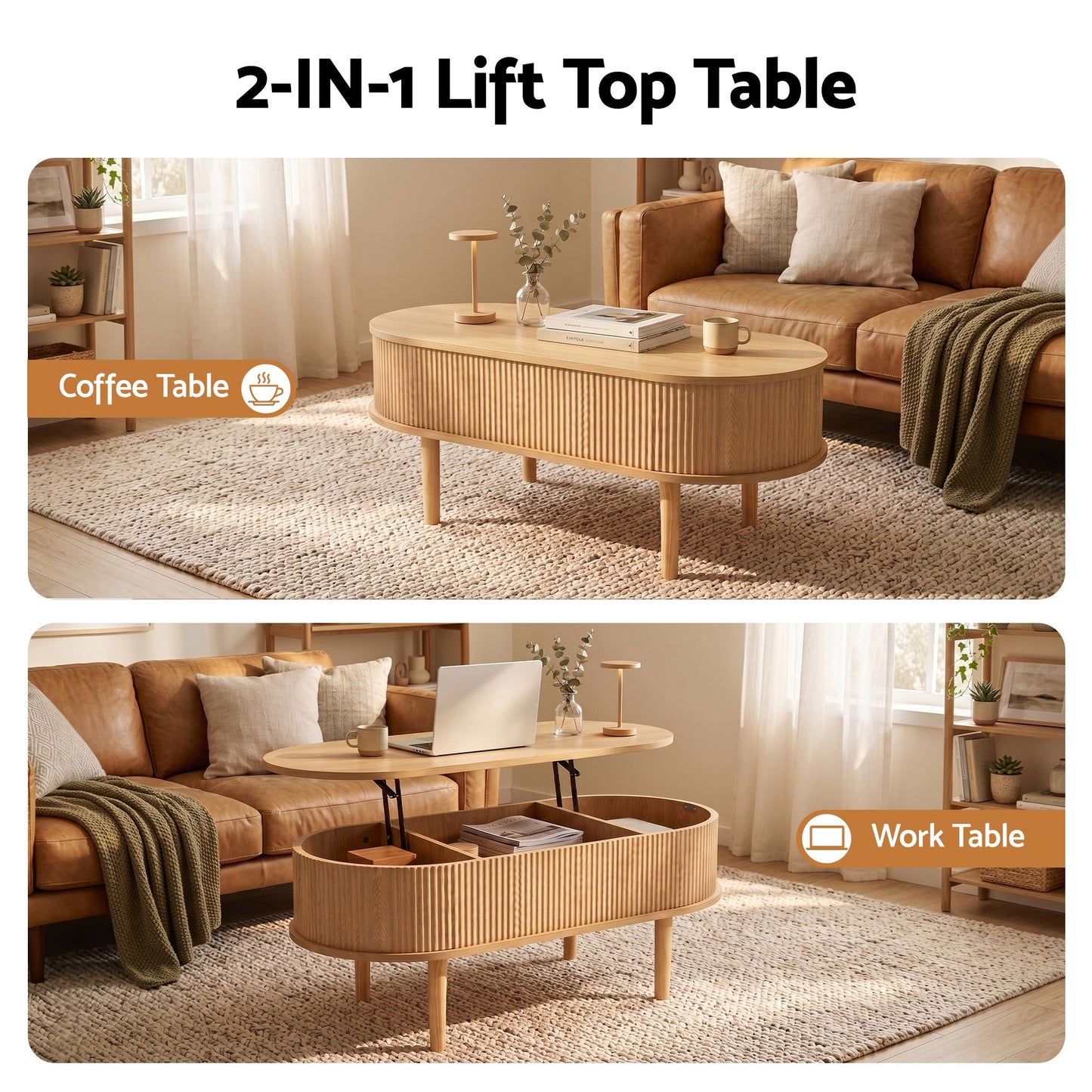 Lift Top Coffee Table Oval Fluted 100cm | HomeAndLiving - 6