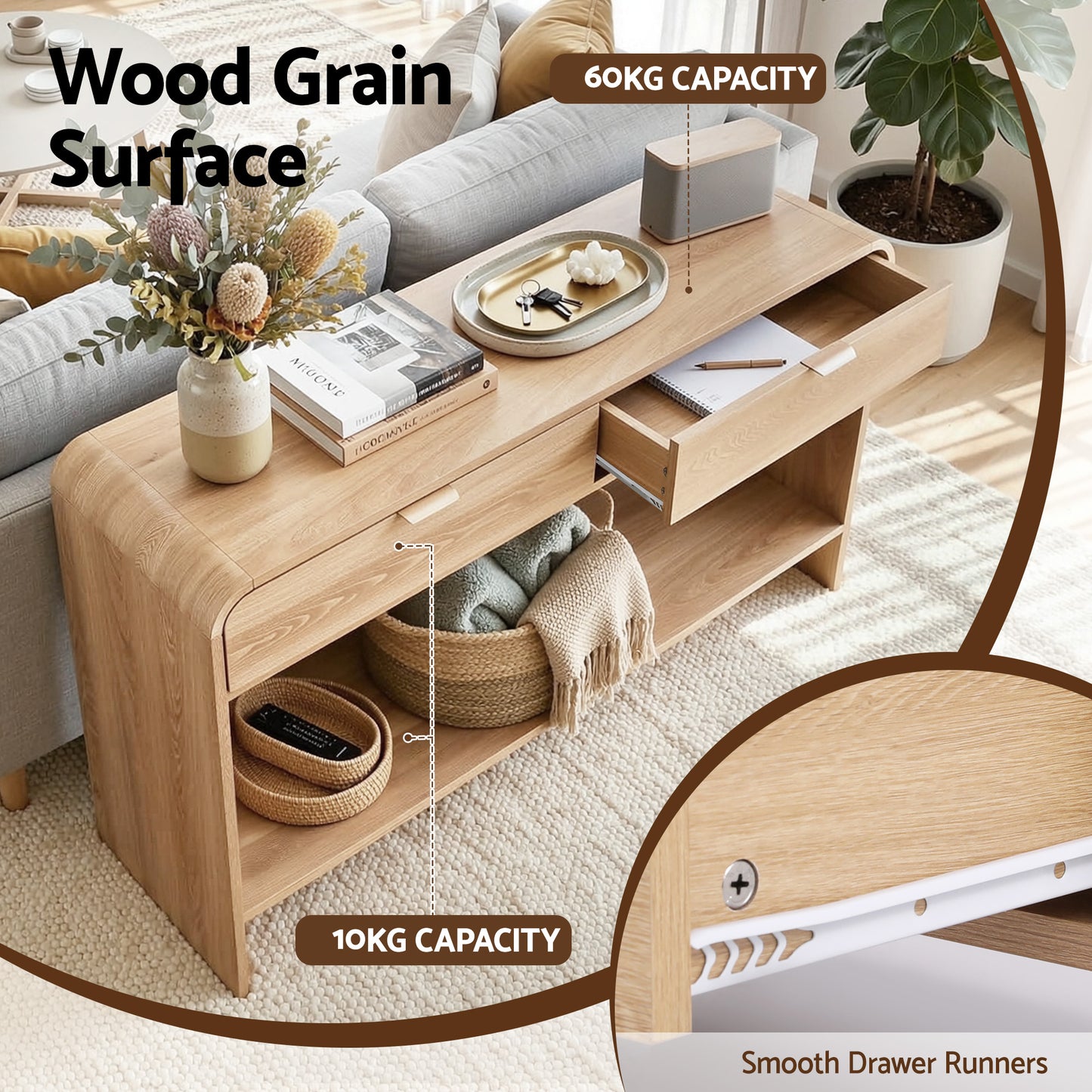 Pine Console Table 120cm Hallway Storage Drawers | HomeAndLiving