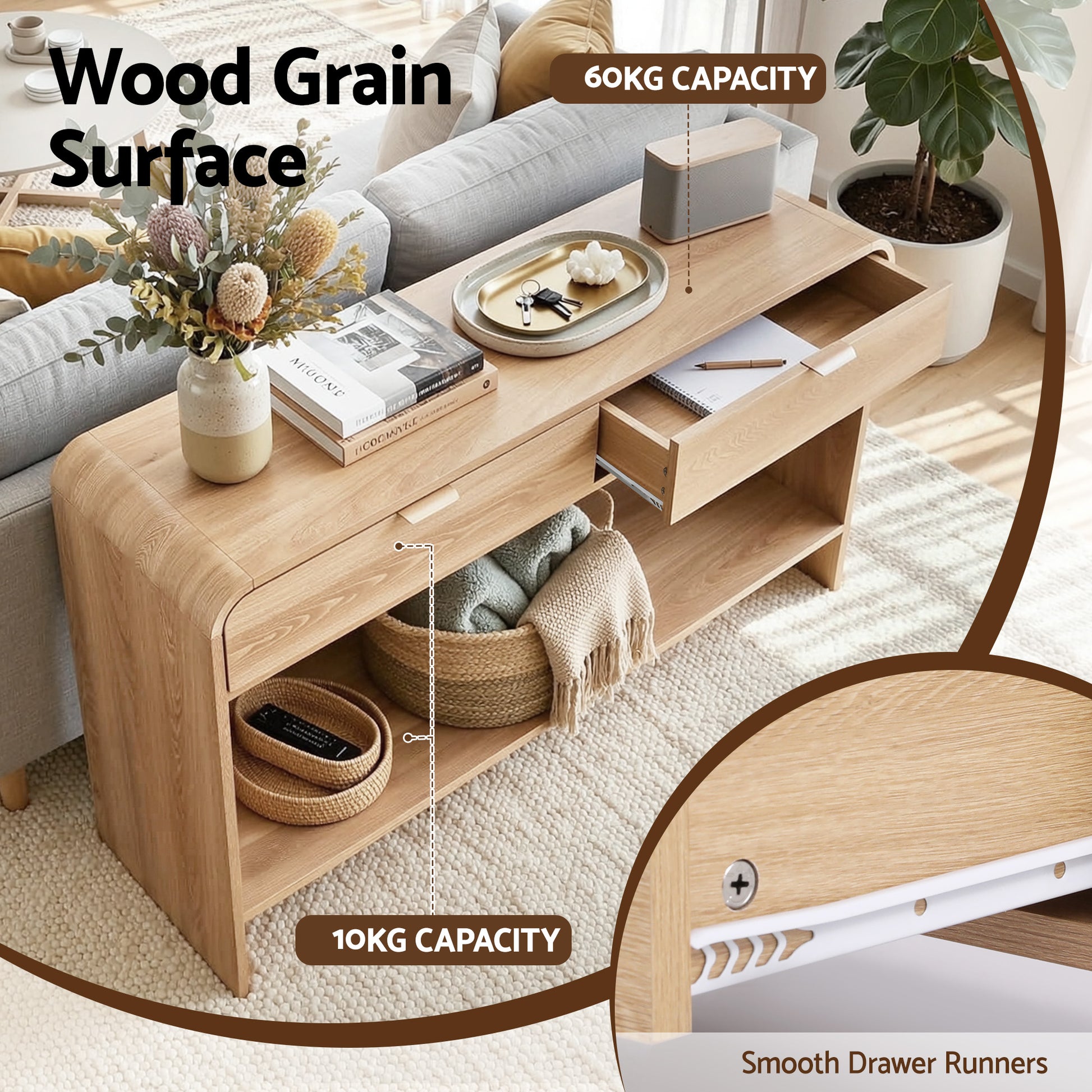 Pine Console Table 120cm Hallway Storage Drawers | HomeAndLiving