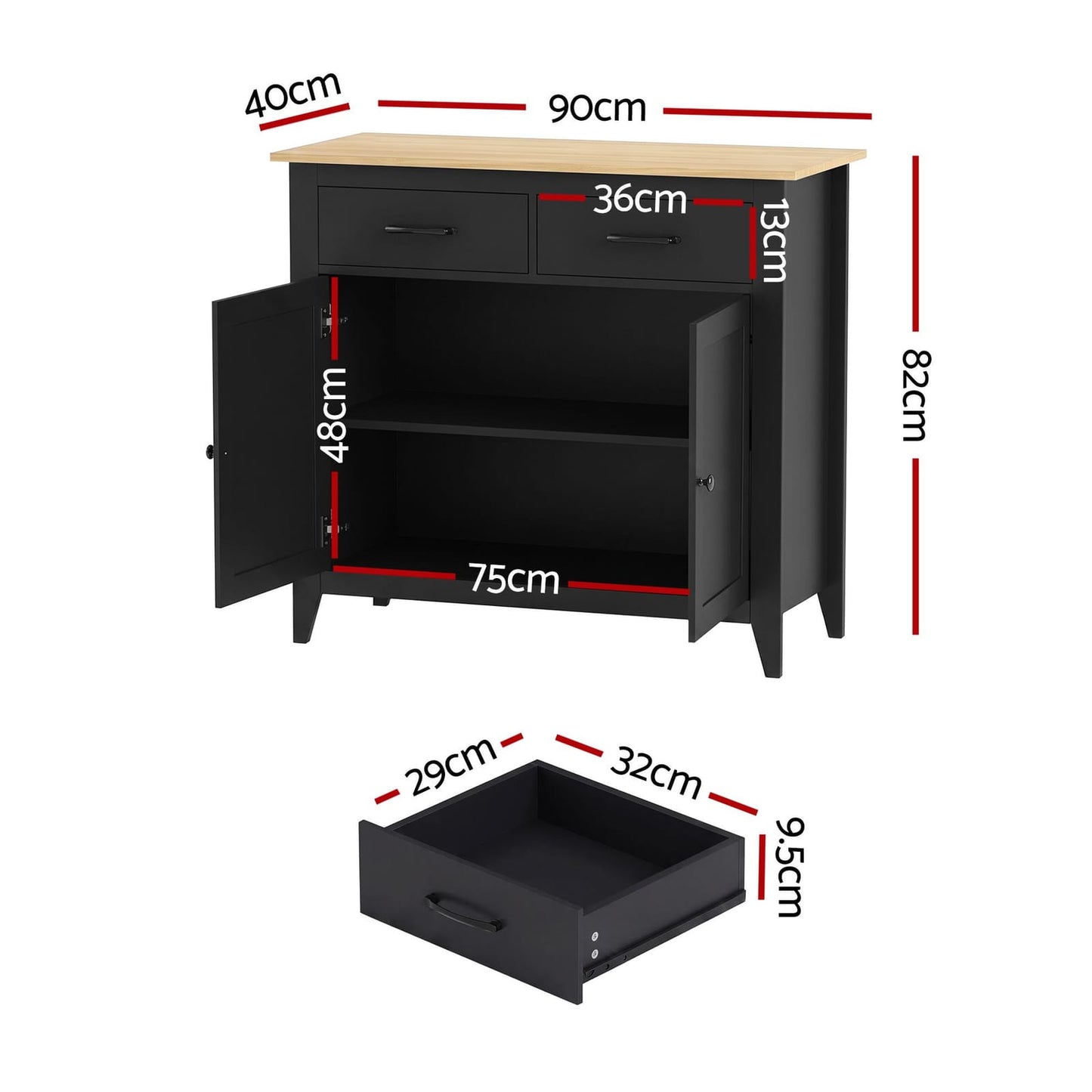 Buffet Cabinet Black Storage 90x40x82cm