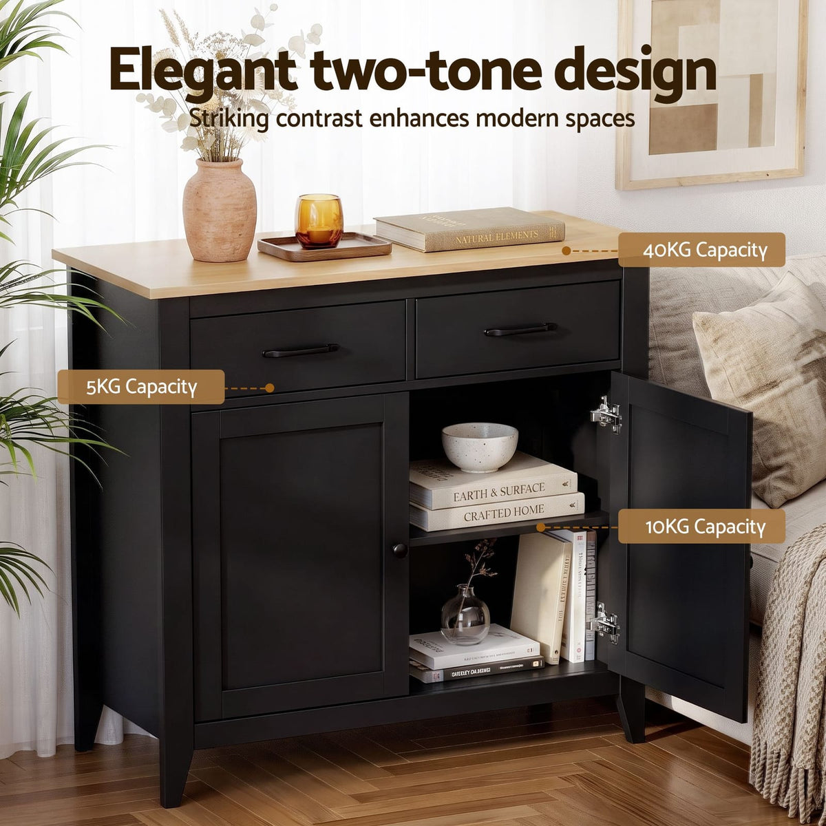 Buffet Cabinet Black Storage 90x40x82cm