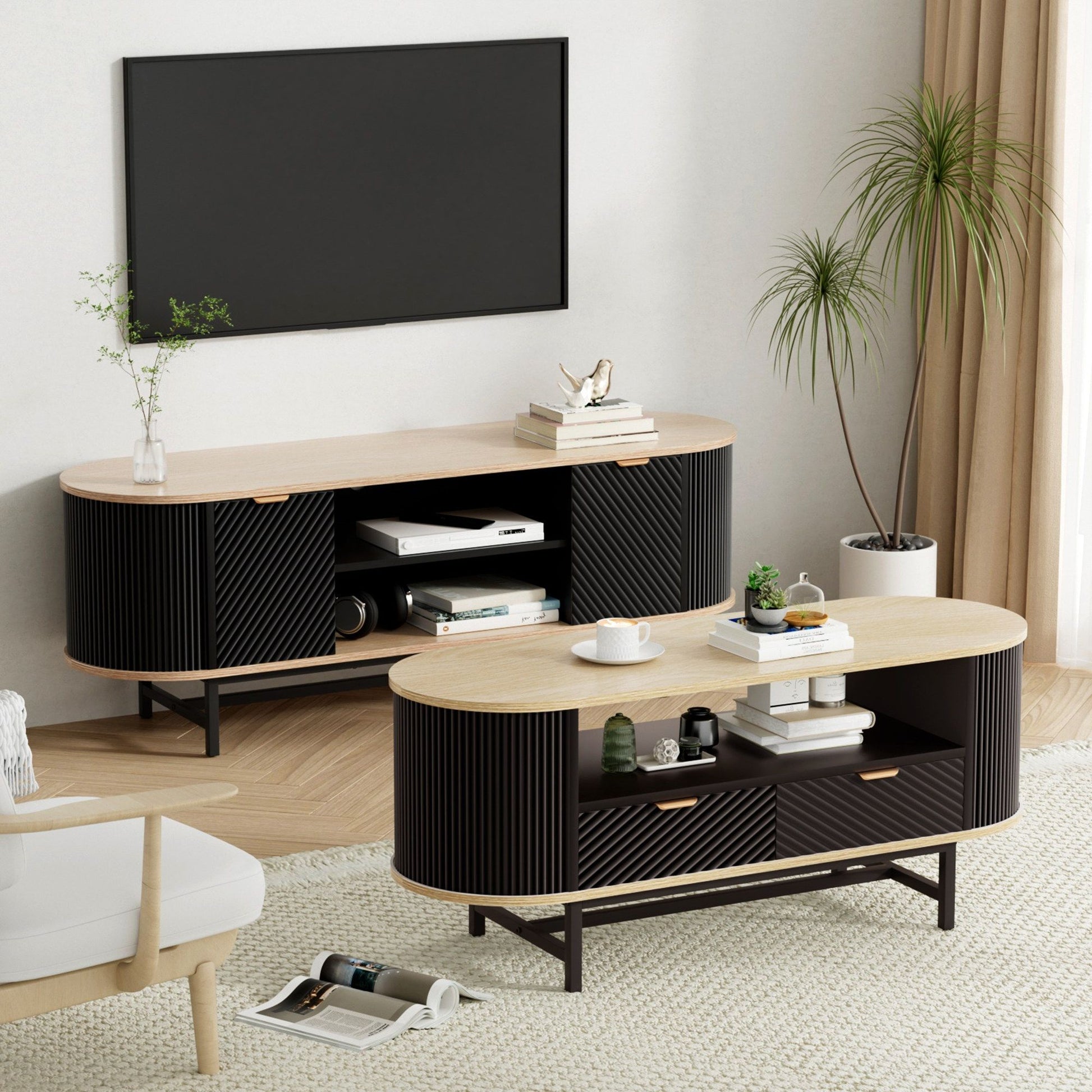 TV Unit Coffee Table Set Drawers Shelves | HomeAndLiving