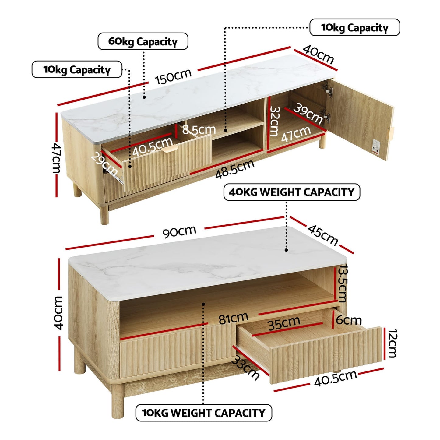 Tv Unit Coffee Table Set Pine 150x40x47cm