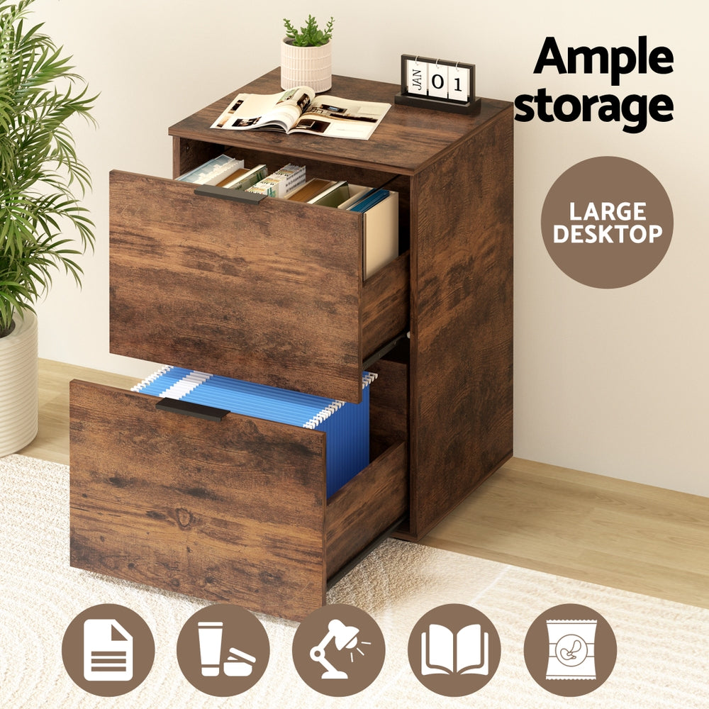 Filing Cabinet Files Storage Office Shelves File Organiser Rustic Brown 2 Drawer