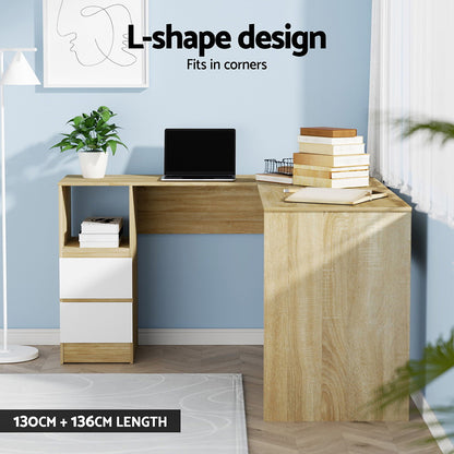 Computer Desk Drawer Cabinet L-Shape Oak 136Cm