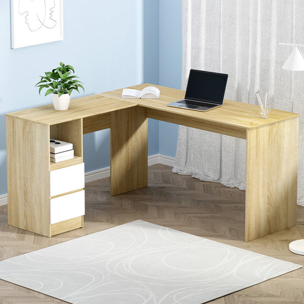  Computer Desk Drawer Cabinet L-Shape Oak 136Cm