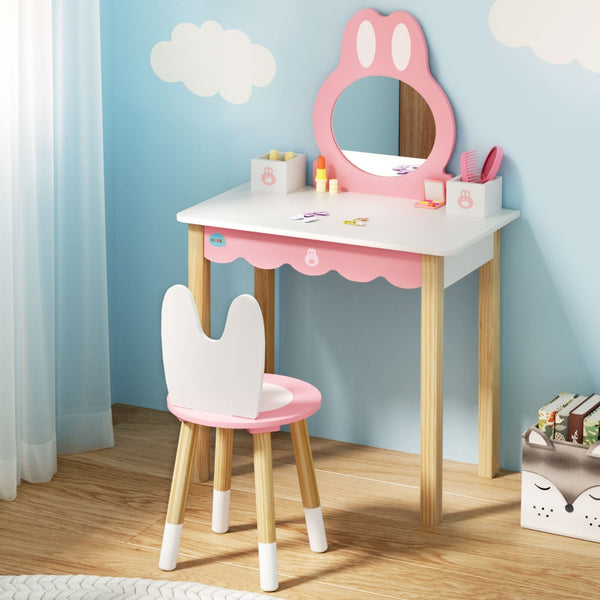  1 Set of Kids Dressing Table Wooden Bunny Pink