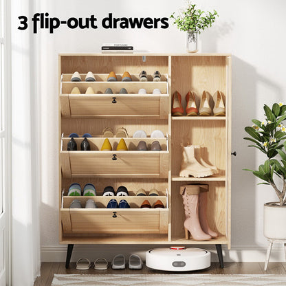 Shoe Rack Cabinet 3 Flip-out Drawers Pine