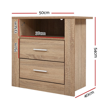Bedside Table 2 Drawers With Shelf - Tara Oak