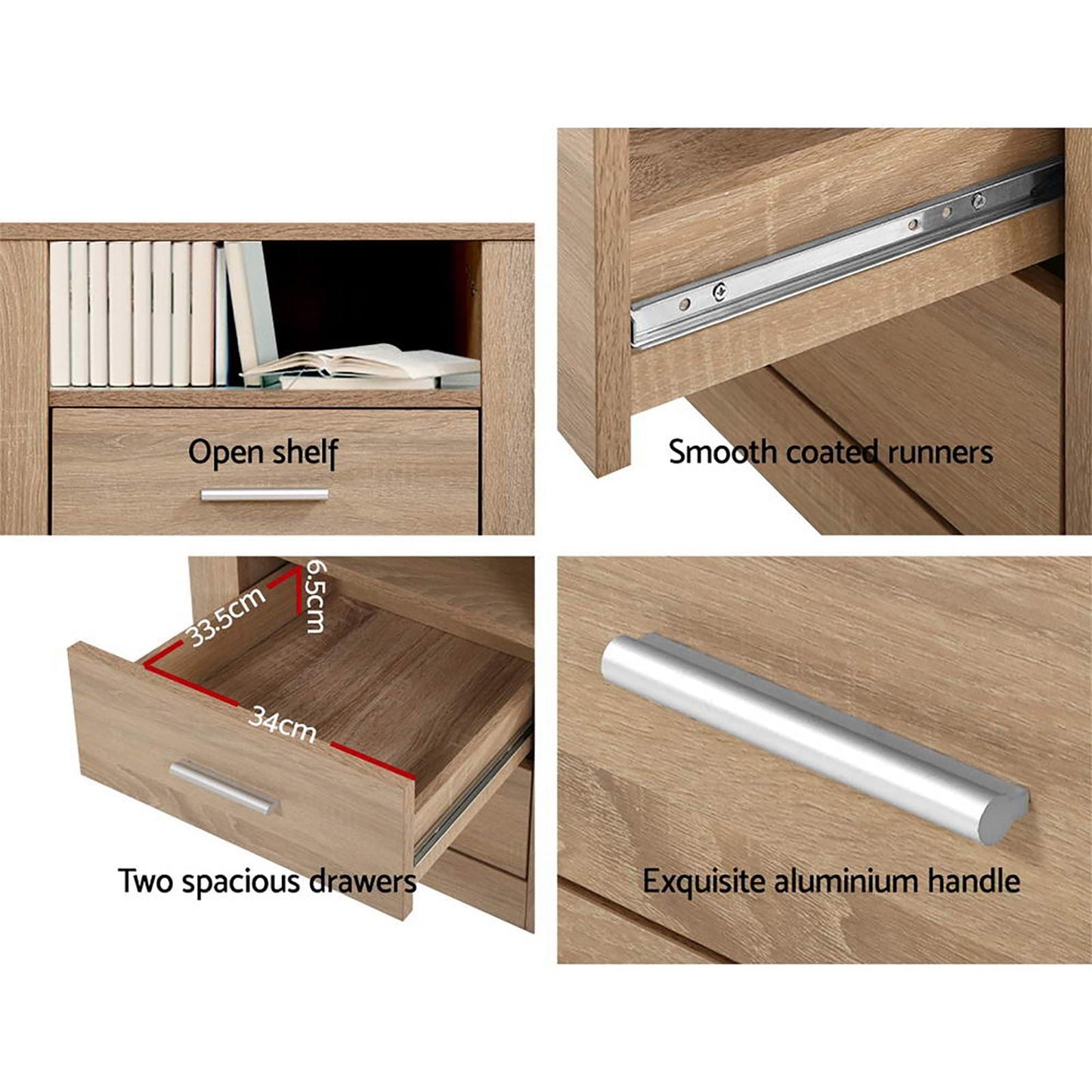 Bedside Table 2 Drawers Oak 52x40x54cm