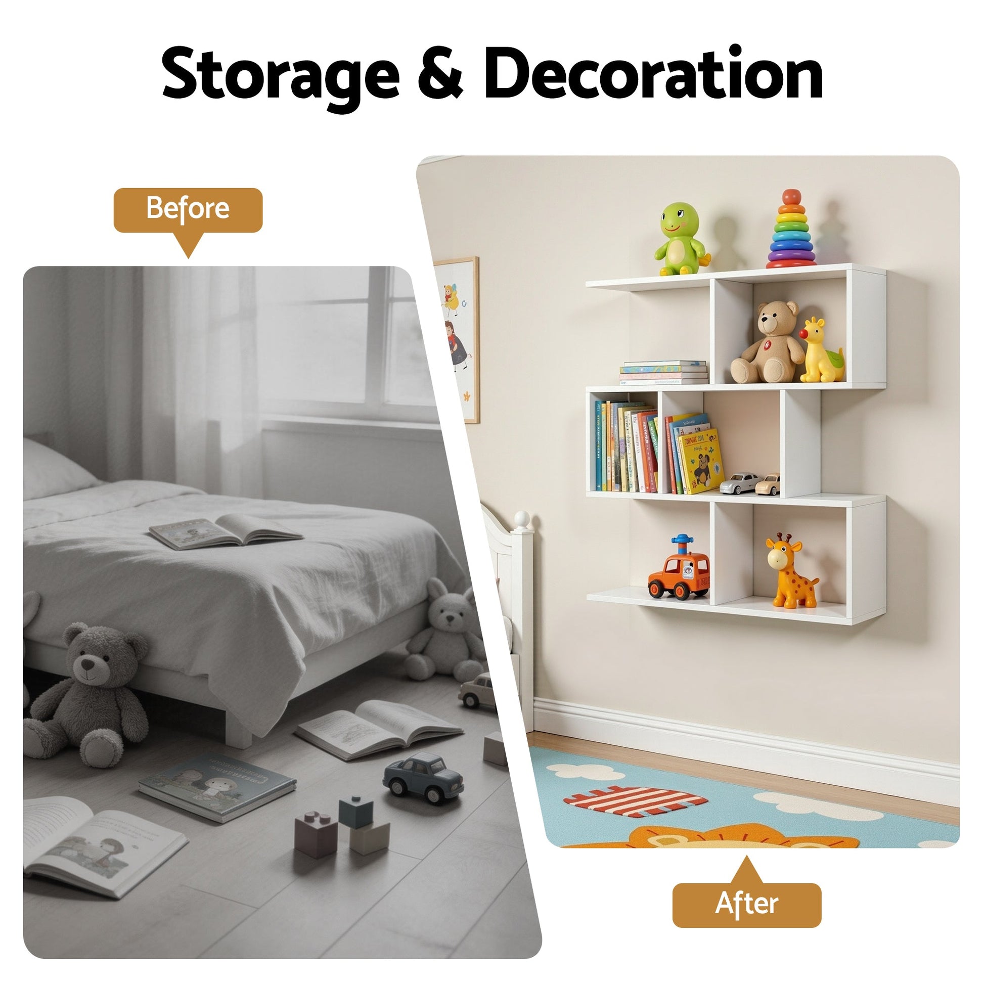 Floating Wall Shelf 3-Tier S-Shape Bookshelf | Home & Living - 6
