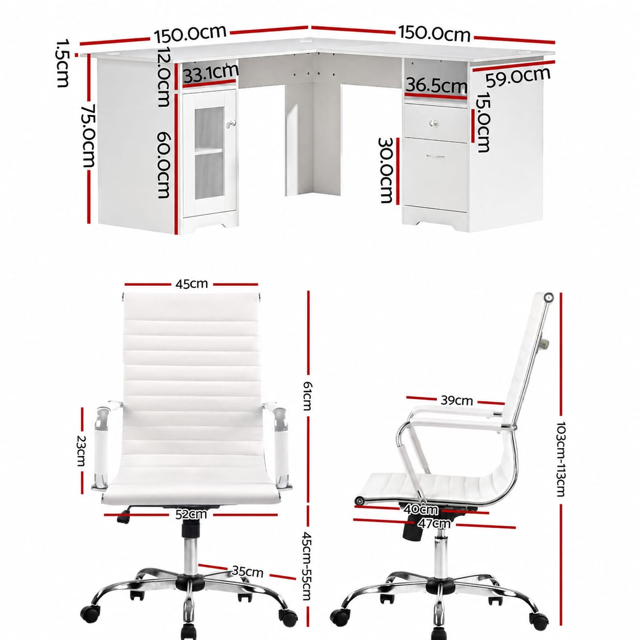 L Shaped Desk Set White 150x150x75cm