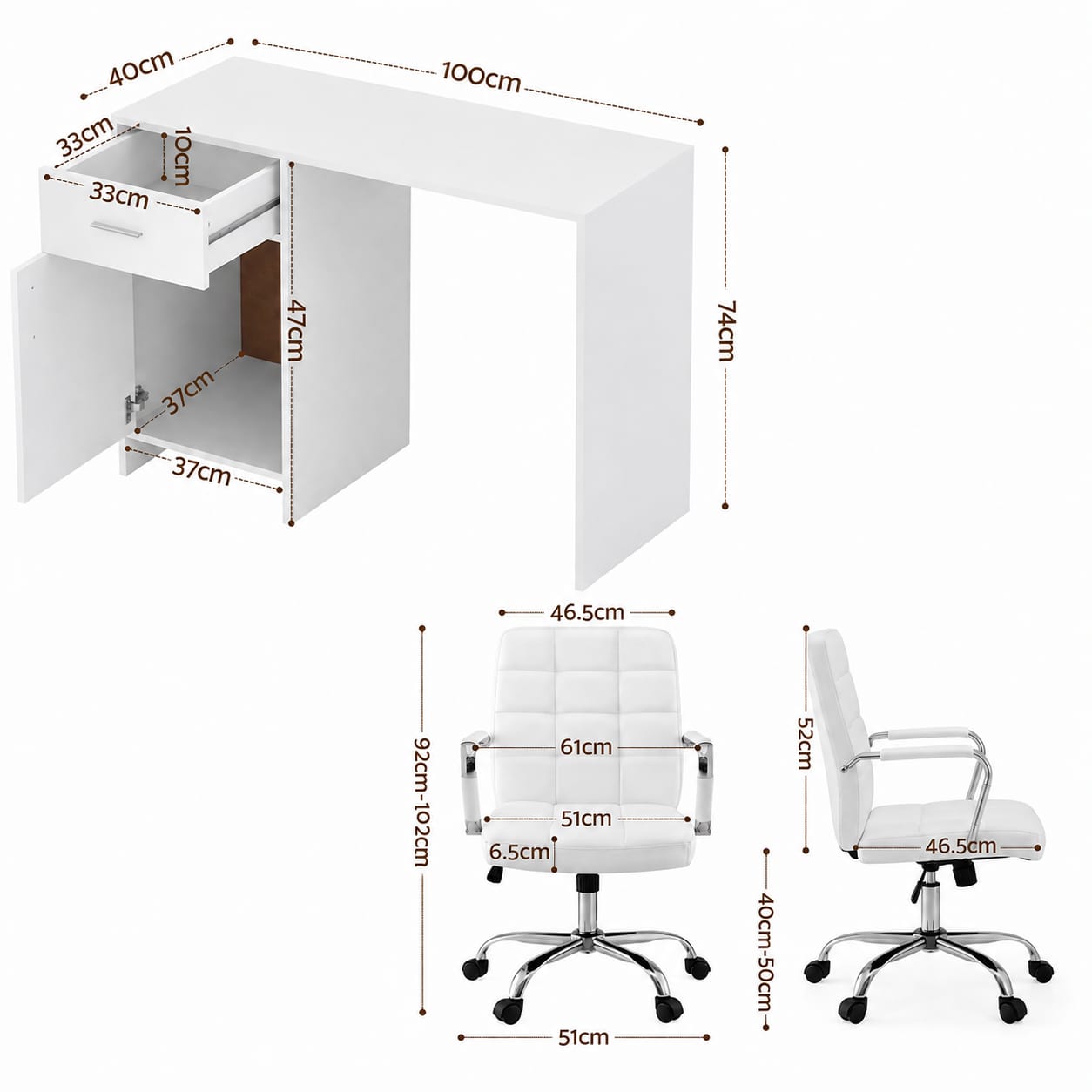 Office Desk Set White 100x60x74cm