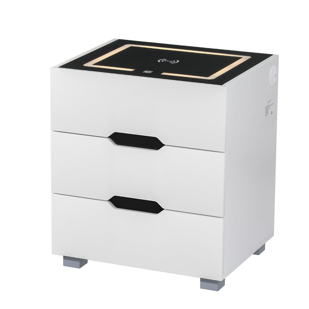 Smart Bedside Table 3 Drawers with Wireless Charging Ports LED White