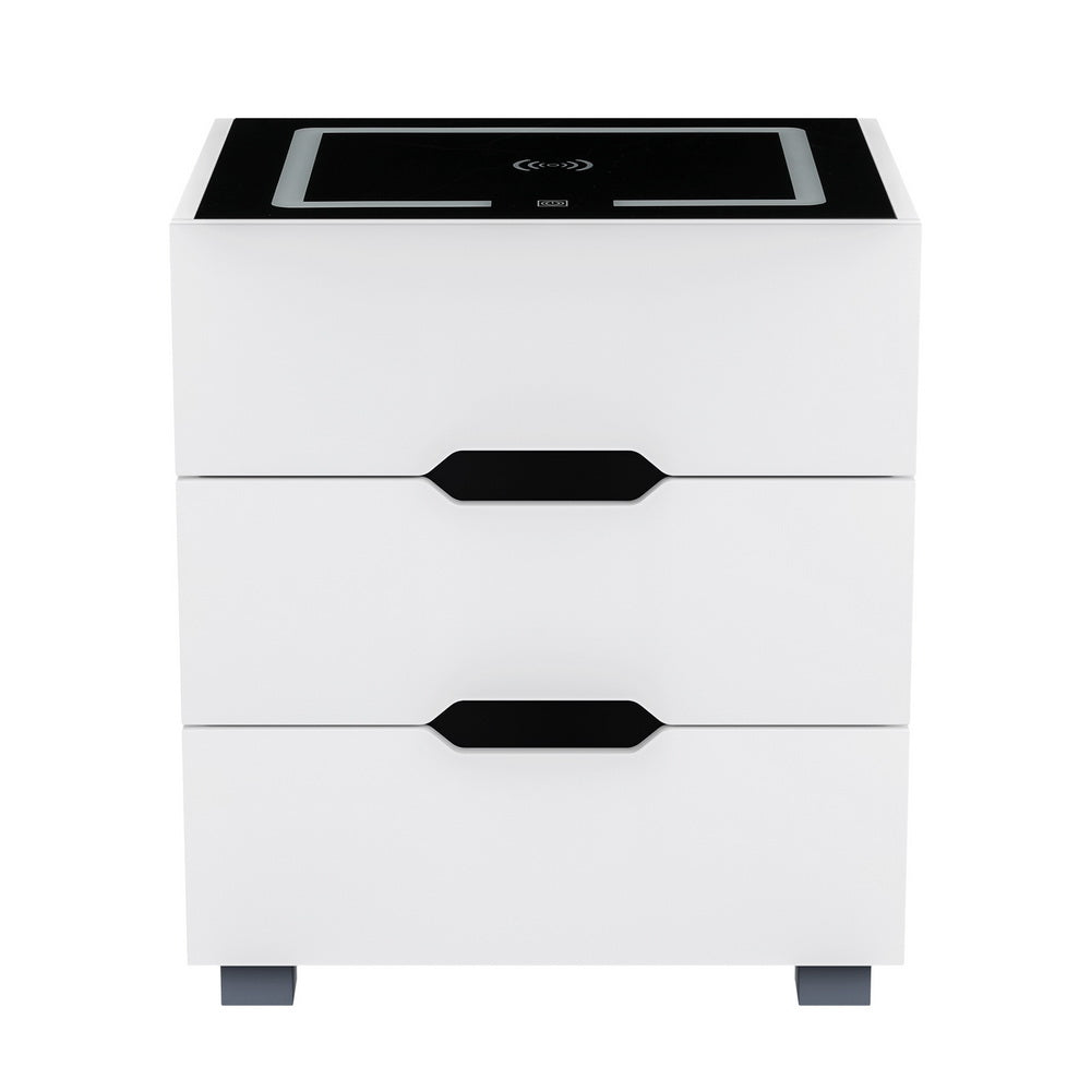 Smart Bedside Table 3 Drawers with Wireless Charging Ports LED White