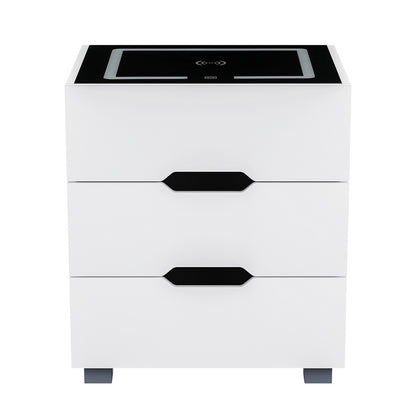 Smart Bedside Table 3 Drawers with Wireless Charging Ports LED White