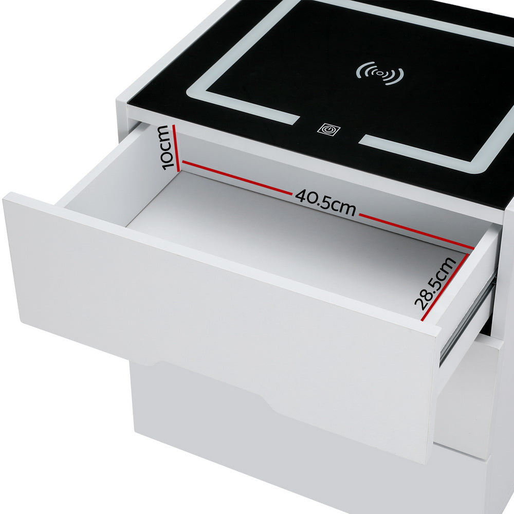 Smart Bedside Table 3 Drawers with Wireless Charging Ports LED White