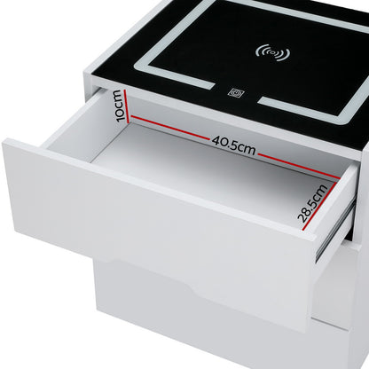 Smart Bedside Table 3 Drawers with Wireless Charging Ports LED White