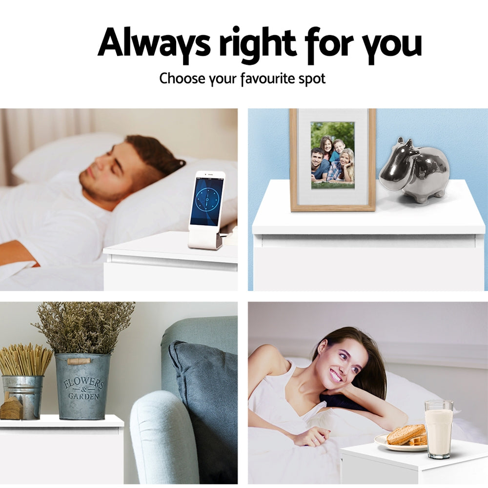 2x Bedside Table 2 Drawers - White