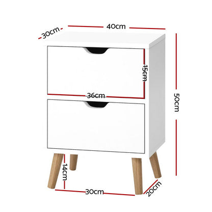 Bedside Table White 2 Drawers 40x30x50cm