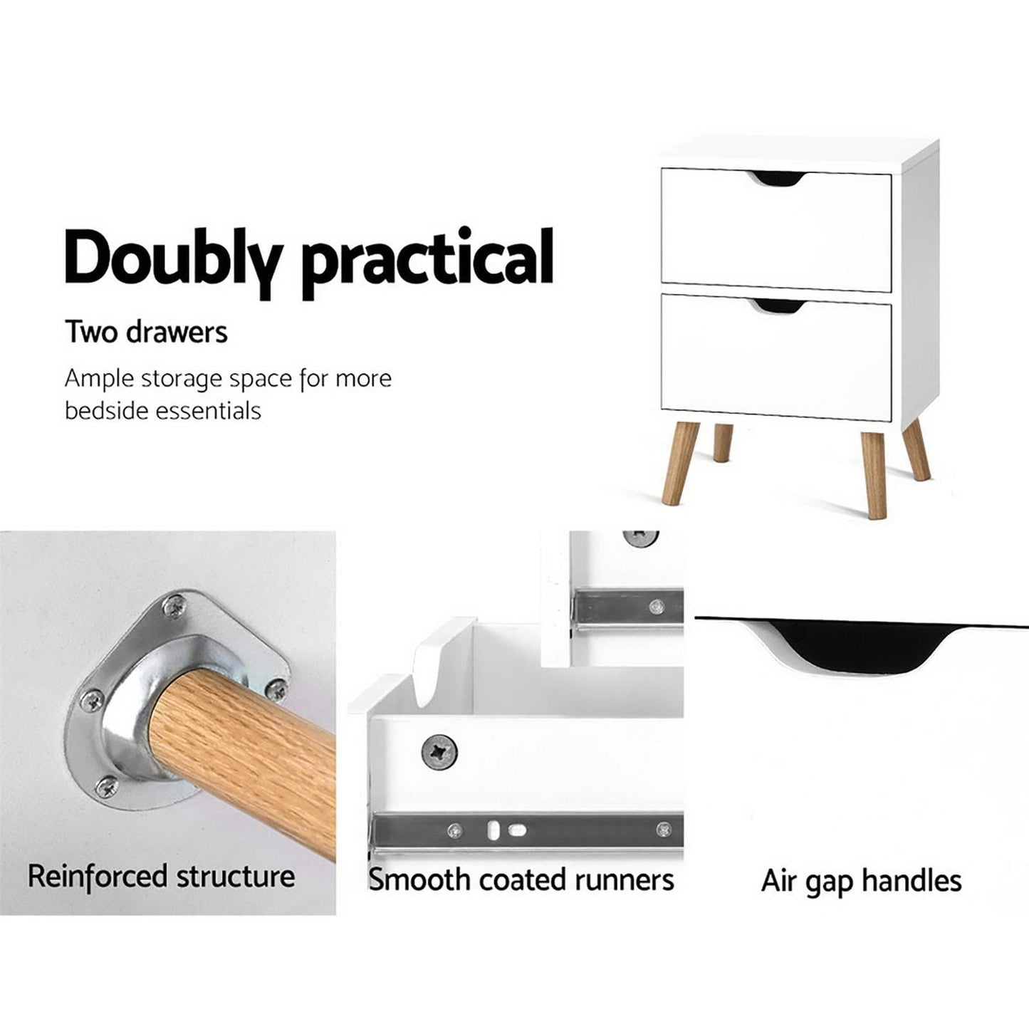 Bedside Table White 2 Drawers 40x30x50cm