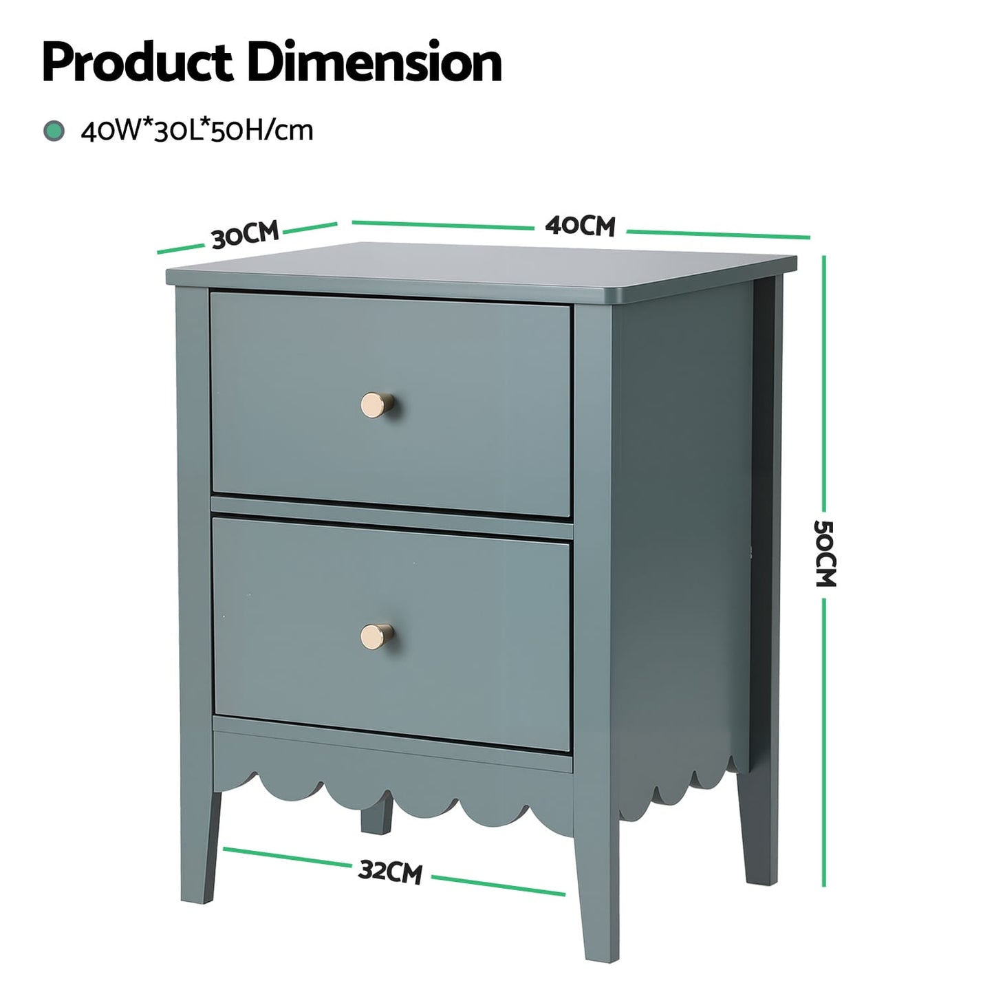Green Bedside Table 2 Drawers 40x30x50cm