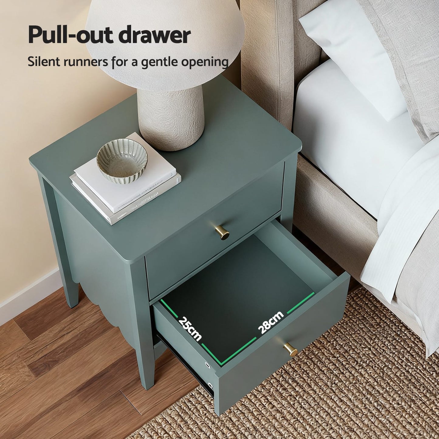 Green Bedside Table 2 Drawers 40x30x50cm