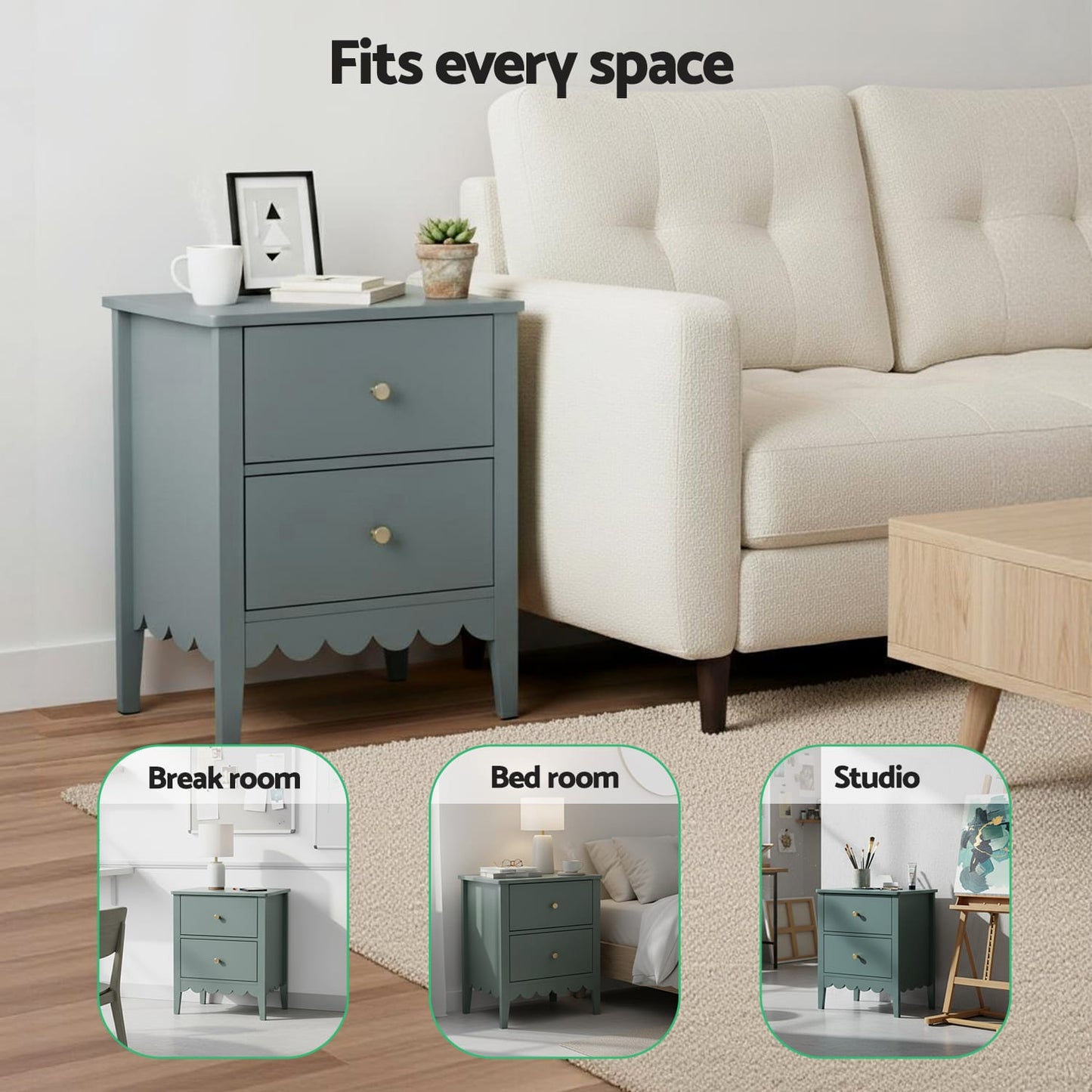 Green Bedside Table 2 Drawers 40x30x50cm