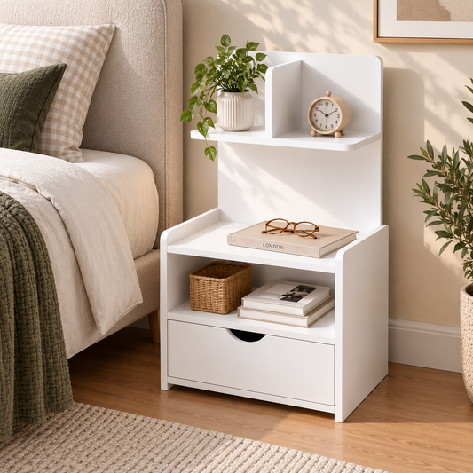 Bedside Table 1 Drawer With Shelves - Evermore White
