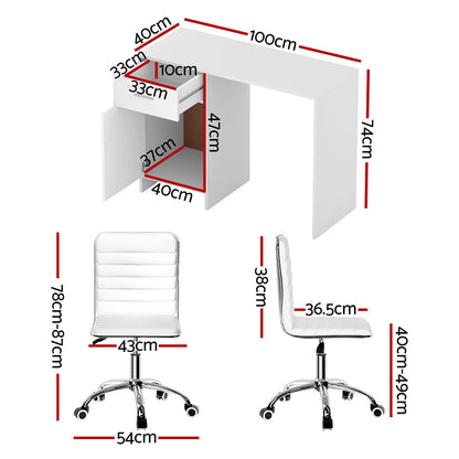 Computer Desk Office Chair Set PU Leather Home Study Table 100cm White
