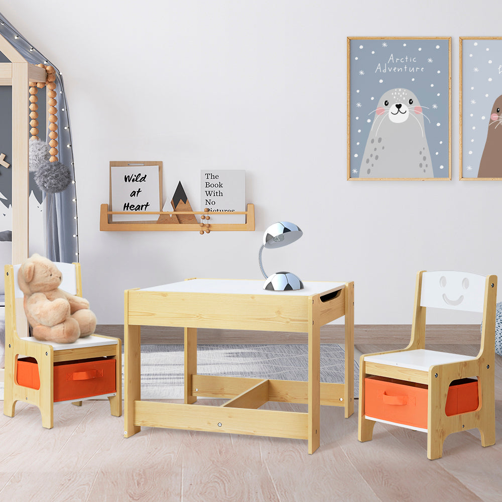 3Pcs Kids Table And Chairs Set Activity Chalkboard Toys Storage Box Desk