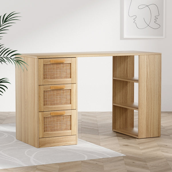  Computer Desk Drawer Shelf Home Office Study Table Rattan Oak 120Cm