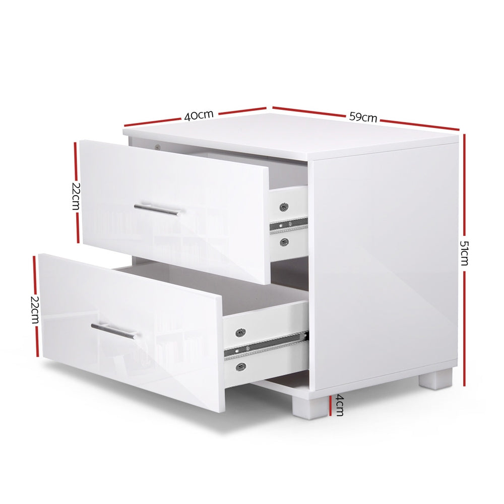 Bedside Table 2 Drawers High Gloss - White