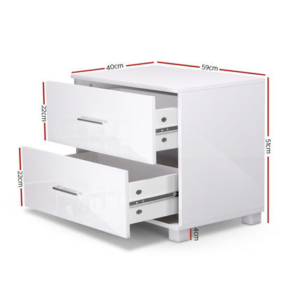 Bedside Table 2 Drawers High Gloss - White